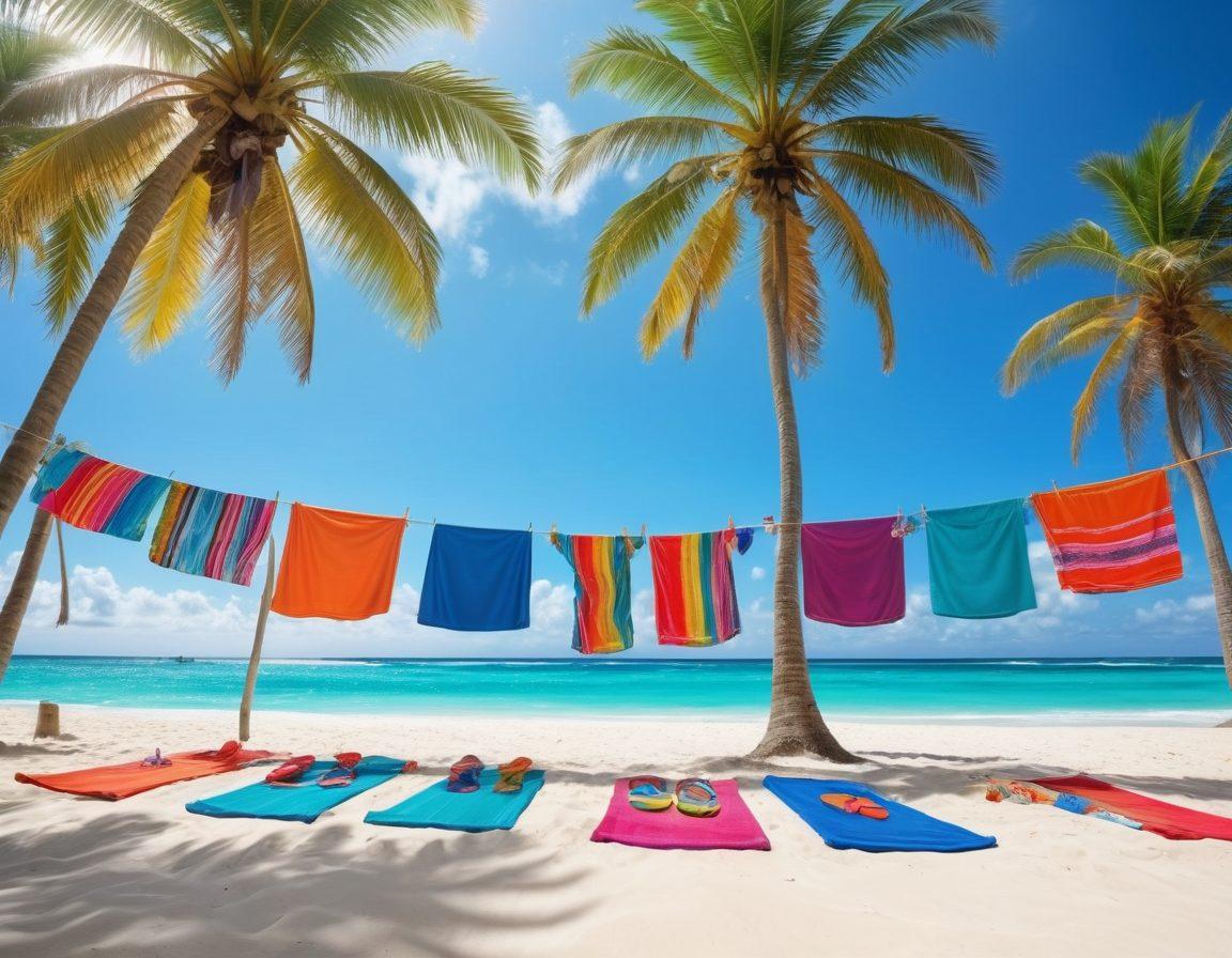 A vibrant beach scene showcasing a variety of stylish swimwear hanging on a clothesline between palm trees, with colorful beach towels and flip-flops scattered on the white sand. In the background, happy beachgoers enjoy the sun and waves, splashing in the azure water. Bright umbrellas and beach balls add an extra touch of fun. The sky is clear blue with a few fluffy clouds. super-realistic. vibrant colors. tropical vibes.