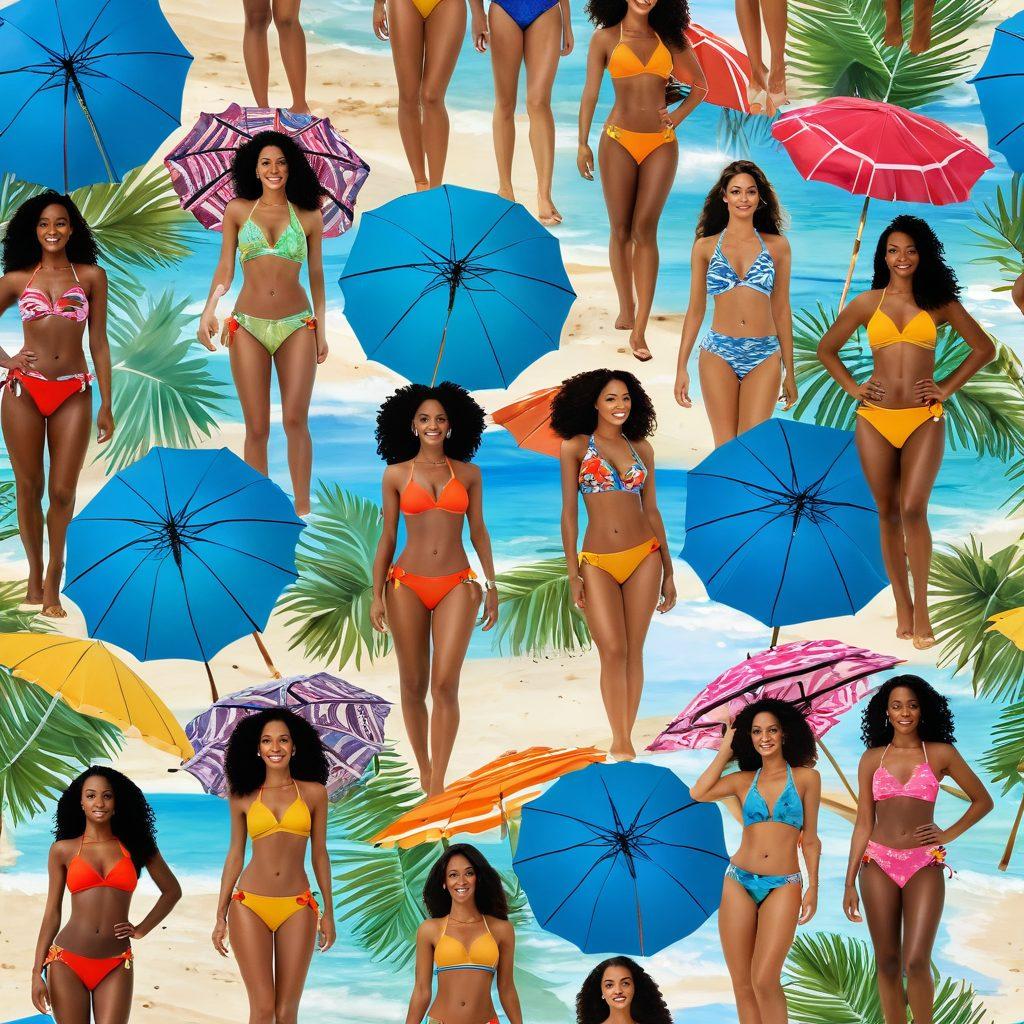 A vibrant beach scene filled with diverse individuals showcasing the latest Latin swimwear trends, colorful swimsuits adorned with tropical patterns, beach umbrellas, sand, and waves in the background. Include elements like palm trees and a clear blue sky to enhance the joyful atmosphere of a beach adventure. The models should represent various body types and ethnicities, exuding confidence and happiness. super-realistic. vibrant colors. tropical theme.